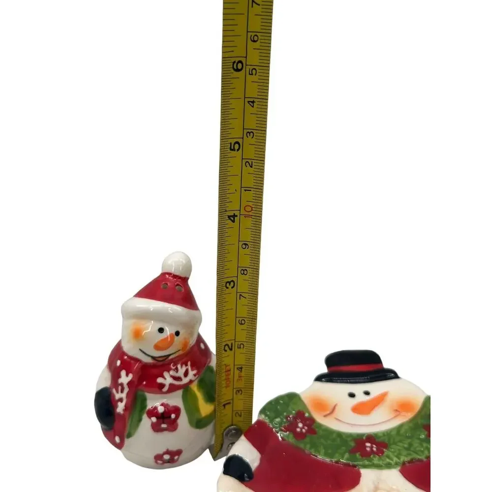 Snowman Salt and Pepper Shaker Set of 3 w/Tray Ceramic Christmas Holiday Decor